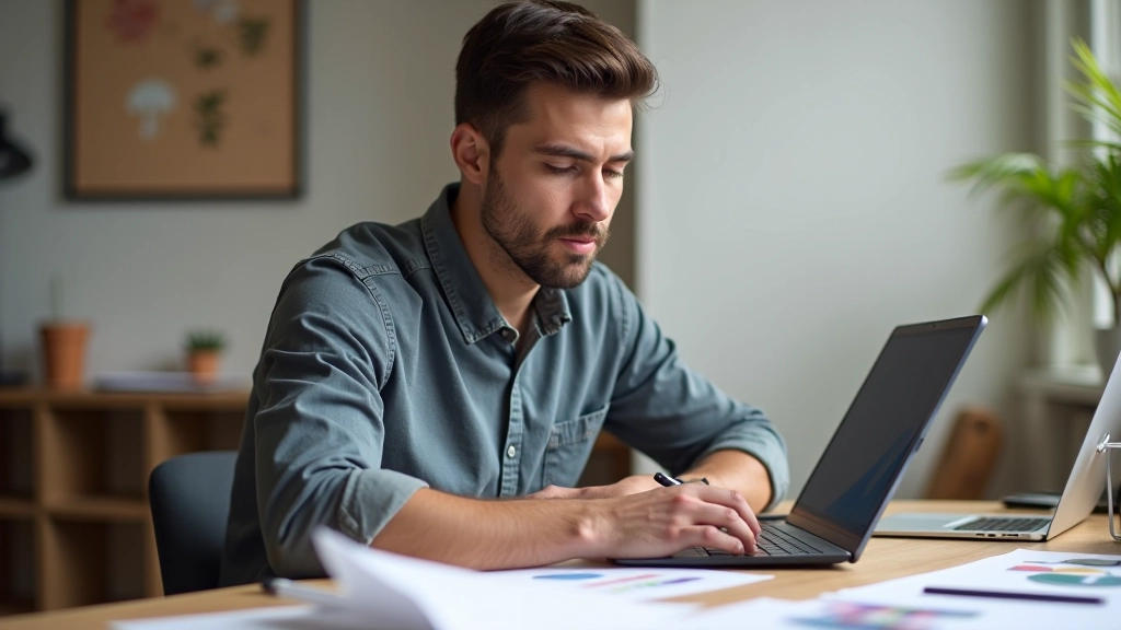 Diseñador trabajando en tableta gráfica con referencias de composición en escritorio