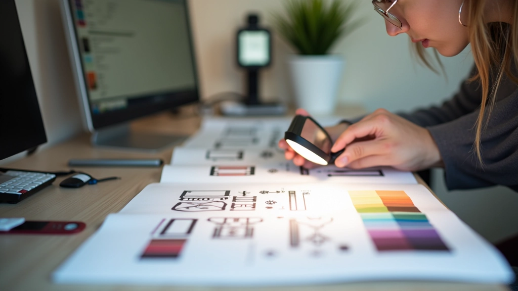 Diseñador analizando composiciones impresas con diferentes escalas de elementos visuales